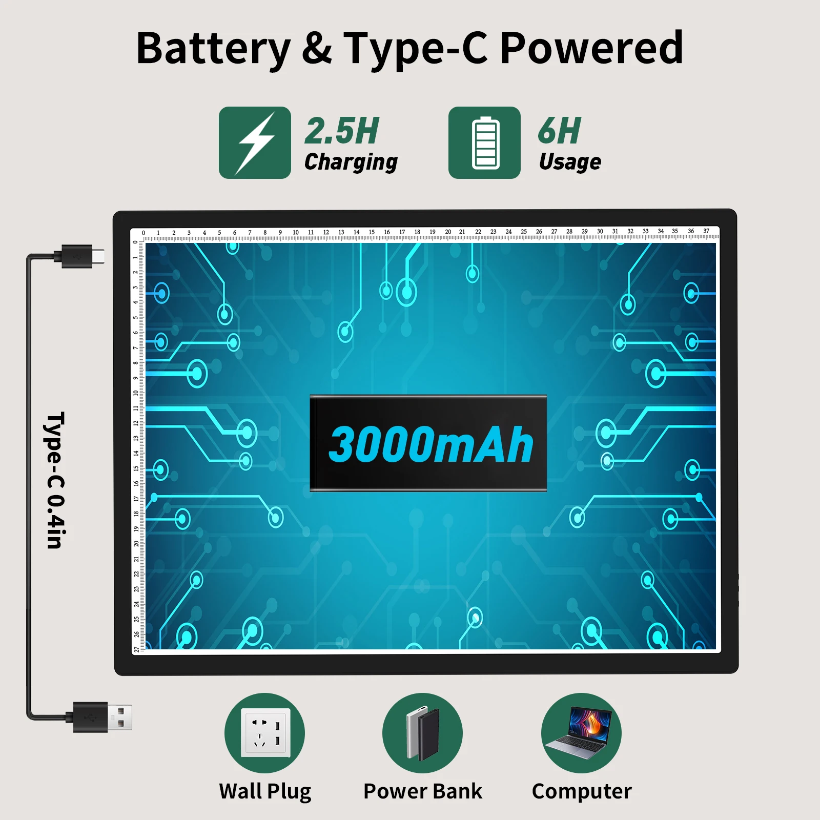 무선 A3 LED 라이트 패드, 3000mAh 충전식 배터리, 무단 조광 가능, 3 가지 색상, 6 가지 밝기 레벨 조정 조명