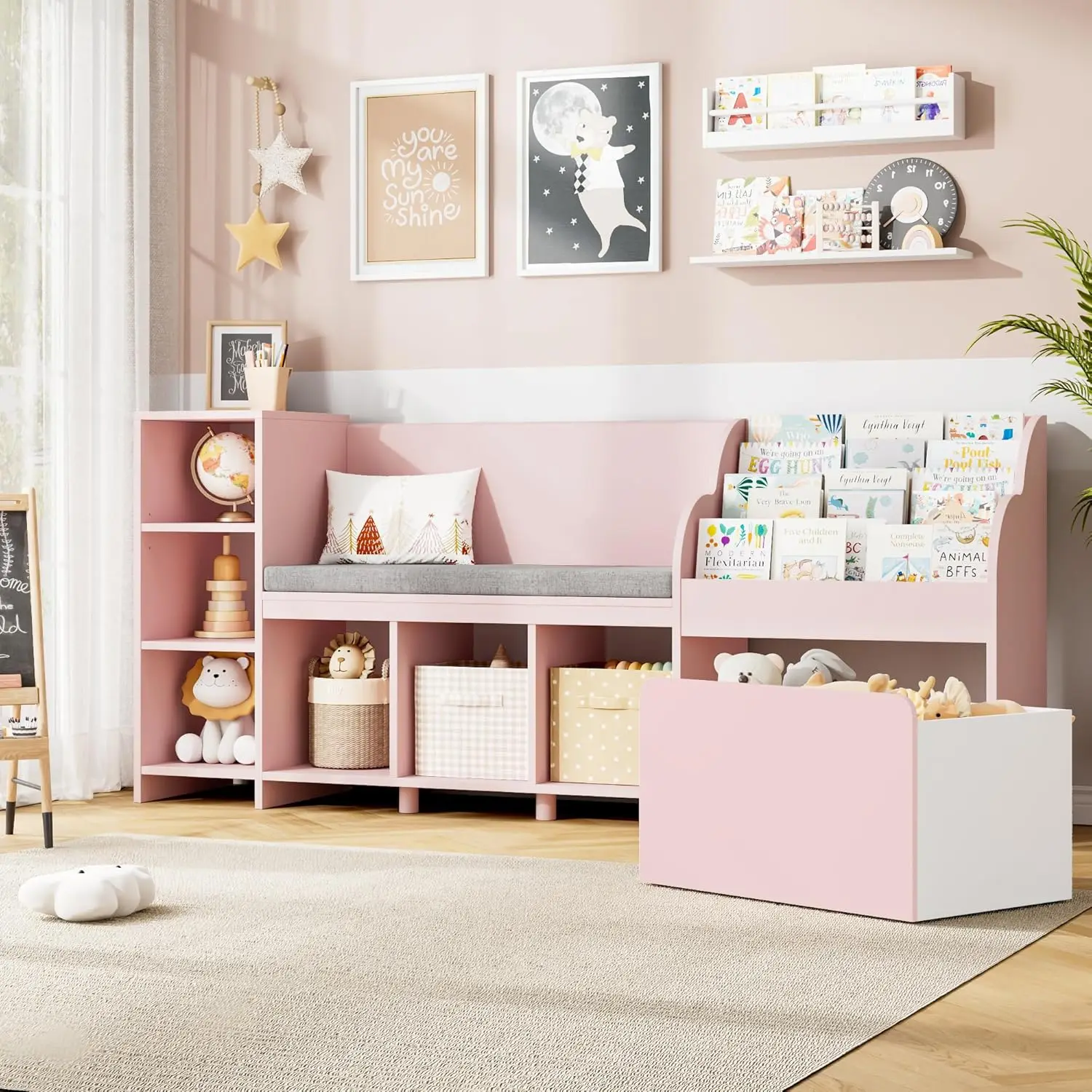 Kids Reading Nook with Bench Kids Bookshelf and Bookcase with Seat Cushion 6 Storage Cubbies Toy Storage Box on Wheels