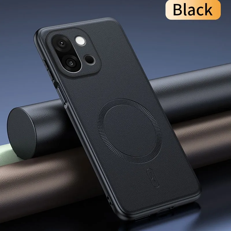 Luxury Leather Texture Magnetic Case for Wireless Charging - Slim Shockproof Bumper Back Cover