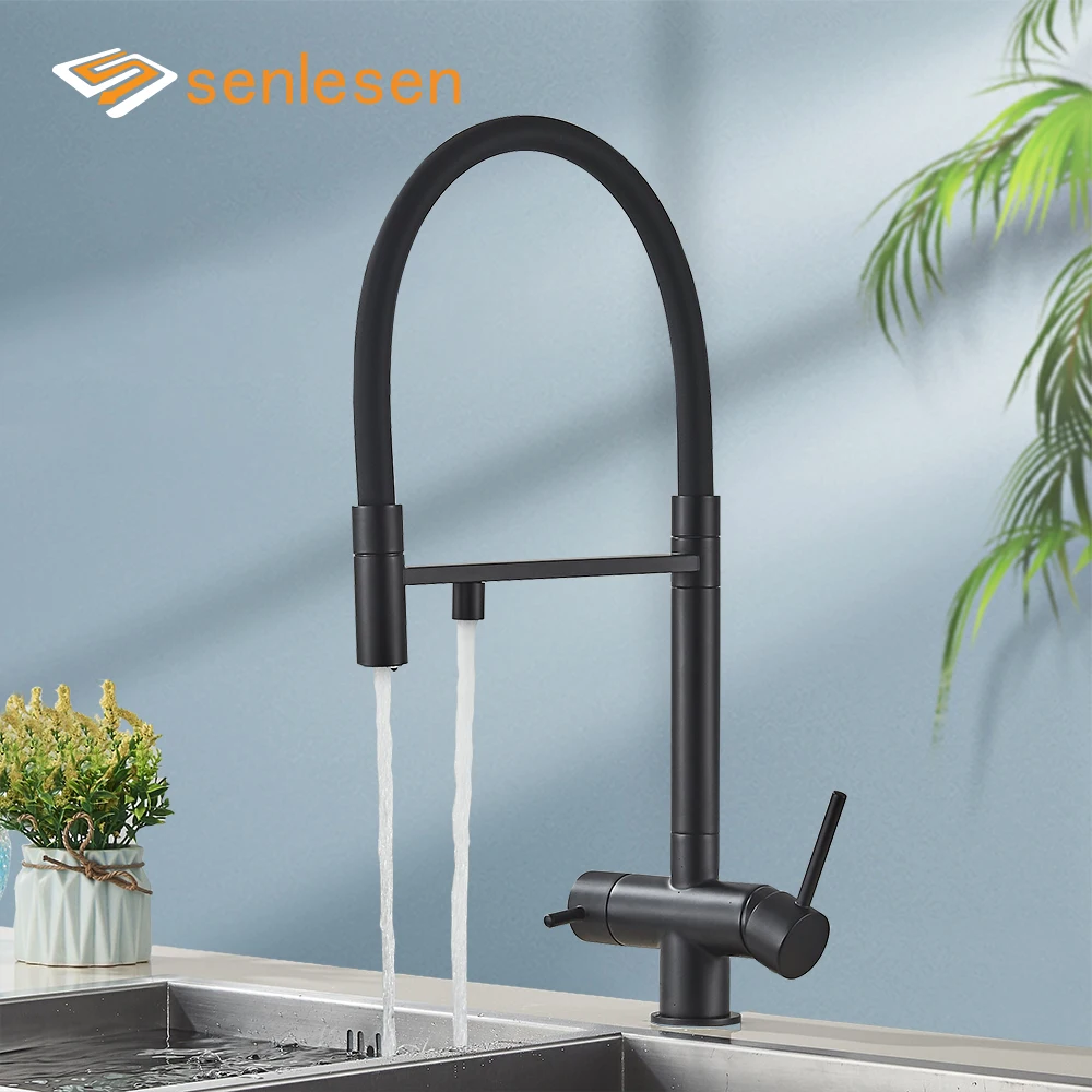 Senlesen Filter Water Kitchen Faucet Black Pull Down Flexible Sprayer Deck Mounted Hot Cold Mixer Crane Tap 360 Degree Rotation