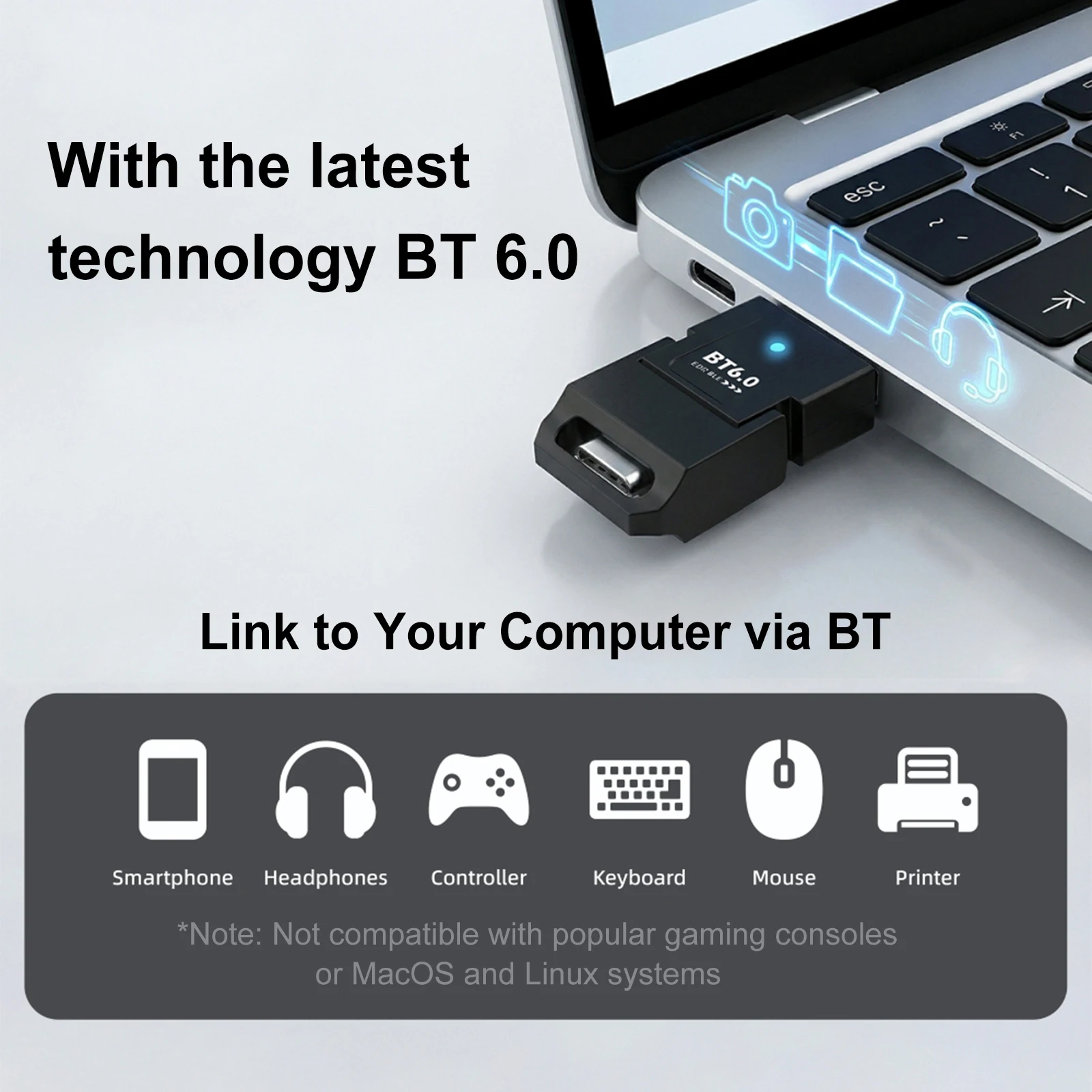 USB 블루투스 6.0 어댑터 BT6.0 무선 스마트 오디오 송신기 미니 수신기 동글 드라이버가 필요 없는 헤드폰 키보드 스피커용