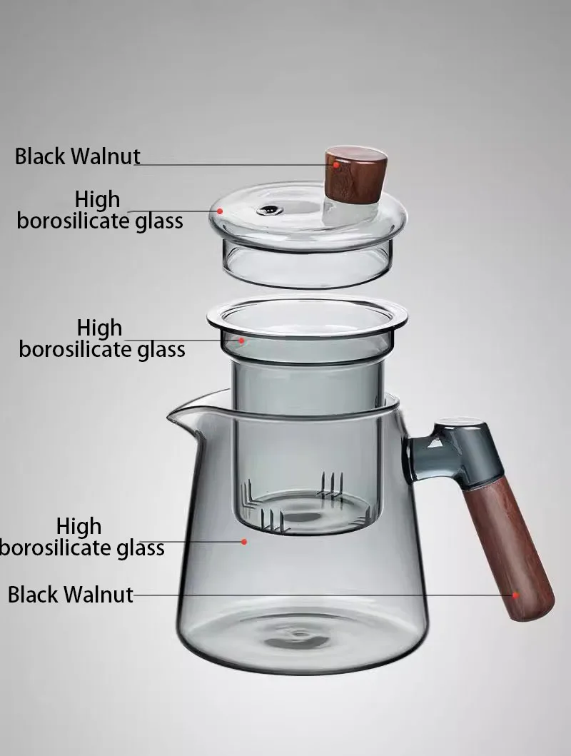 Glass Tea Kettle with Infuser Heat Resistant Teapot with Wooden Handle