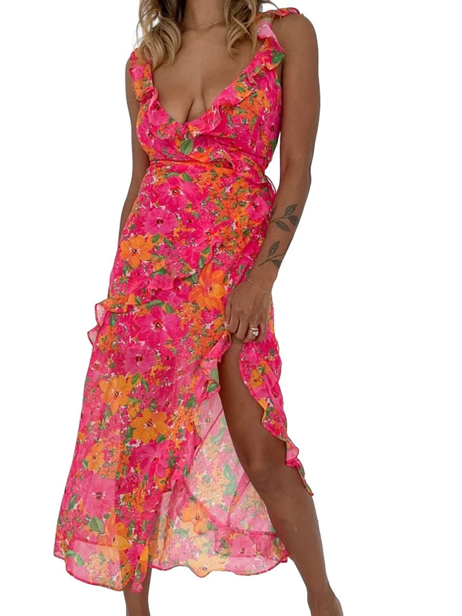 

Women s Off-Shoulder Maxi Dress with Tropical Print and Flowy Ruffled Hemline for Beach Vacation