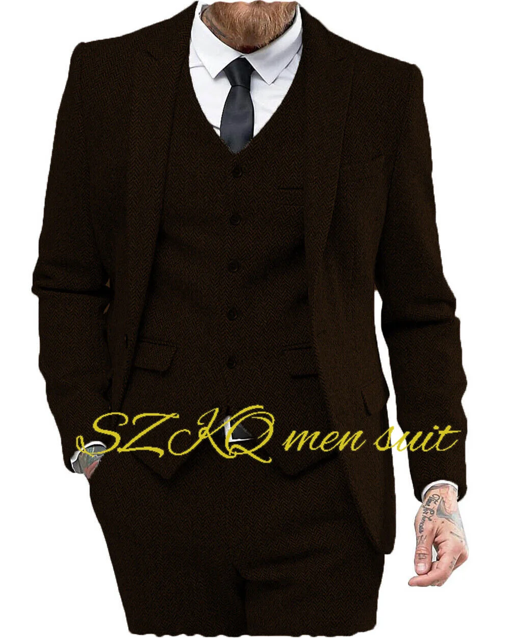 Dark Gray Men's Business Suit 3-piece Formal Herringbone Jacket Pants Vest Wedding groom tuxedo