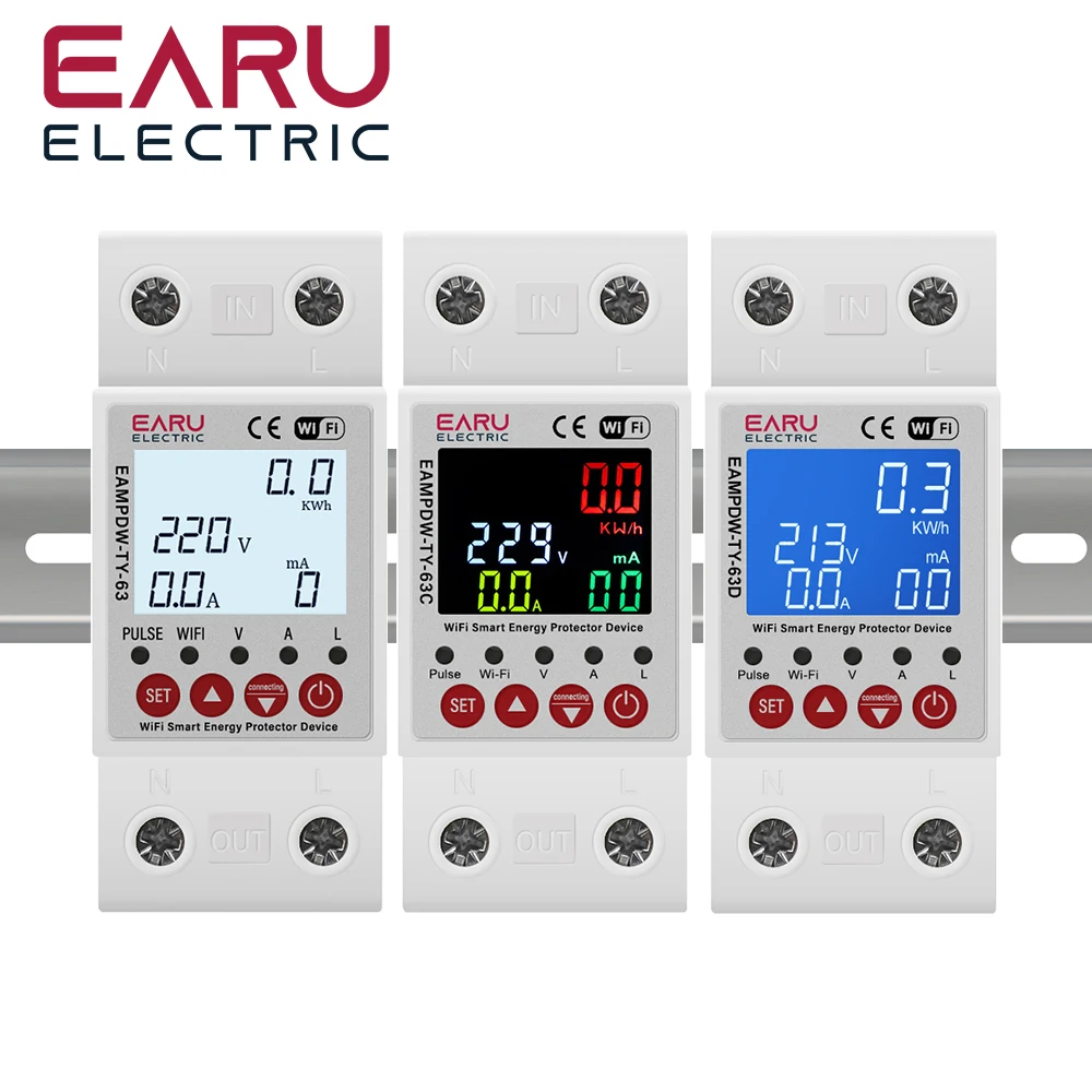 2P 63A 230V Tuya WiFi Smart Energy Meter Power kWh Meter Earth Leakage Over Unde