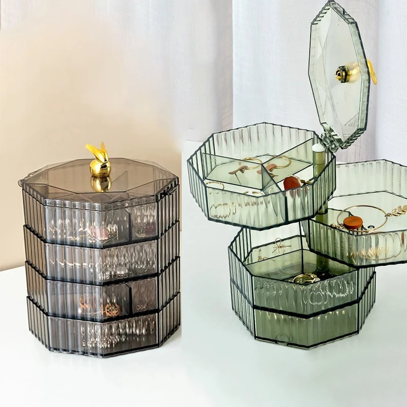 Rotating Jewelry Storage Box Makeup Storage Rack Bracelet Earring Round Plastic Organizer Boxes Holder Display Rack with Cover 2