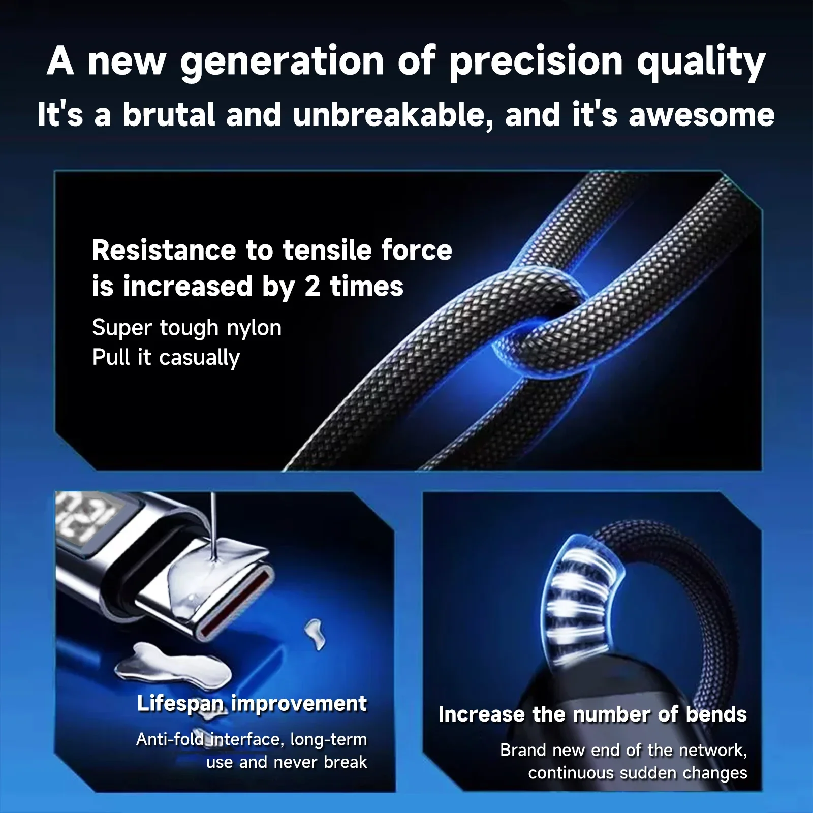 USB Type-C Cable 240W LED Display Fast Charge Nylon Braided Cord