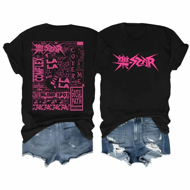 Y2K Stray Kids Camiseta Rock Star Merch Camisa Kpop Manga Curta Camiseta Stray Kids Rock Elements Padrão Streetwear 1