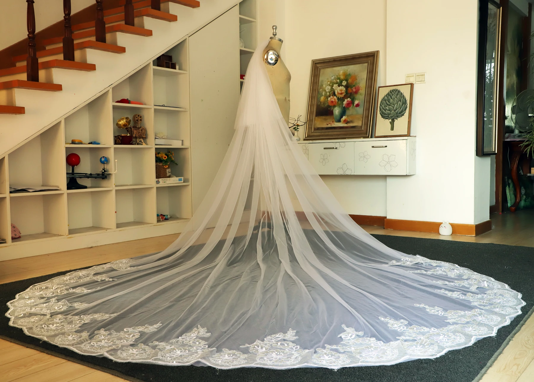 

2 Layers Sequins Lace 3 Meters Cathedral Woodland Wedding Veils with Comb 3M Long White Ivory 2 T Bridal Veils Real Photos