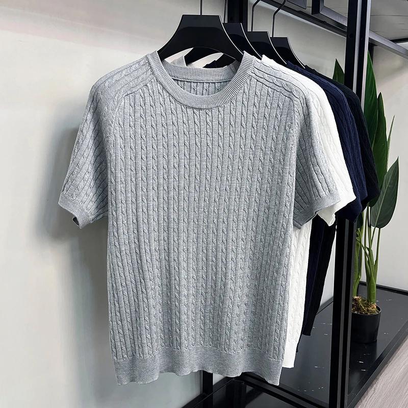 Designer-Marken-Kurzarm-Strick-T-Shirt Sommer einfarbig atmungsaktiv Herren koreanischer Jugendstil lässig weich bequem Rundhalsausschnitt – Detail 6