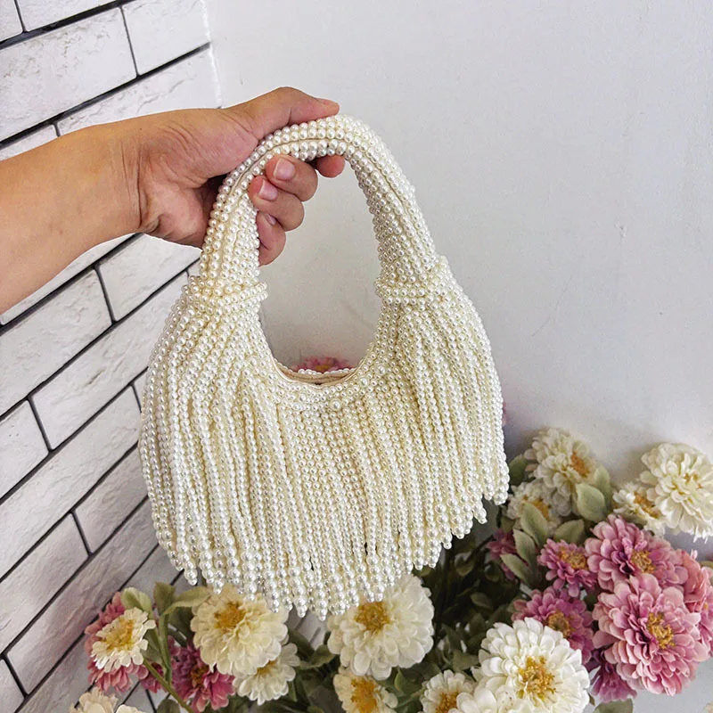 Luxury Pearl Beaded Handbag Fashionable Long Tassel Design Women's Handmade Evening Bag Unique Chain Crossbody Bucket Bag Female