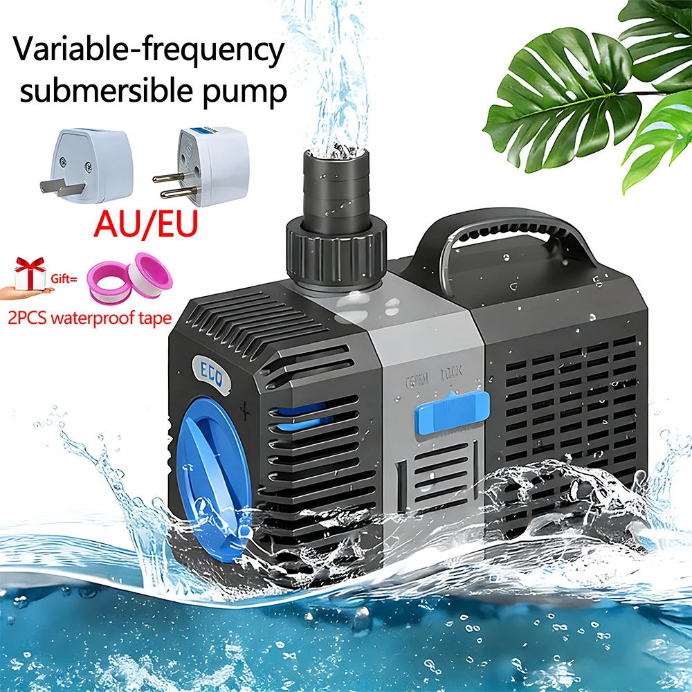 ปั๊มน้ำแปลงความถี่ AC220V/50HZ ระยะส่งสูงสุด 10 เมตร อัตราการไหลสูงสุด 20000 ลิตร/ชั่วโมง ช่องจ่ายน้ำ: 20/25/32/38/50 มม. ปั๊มจุ่มสำหรับตู้ปลา รองรับมาตรฐาน EU/AU 1