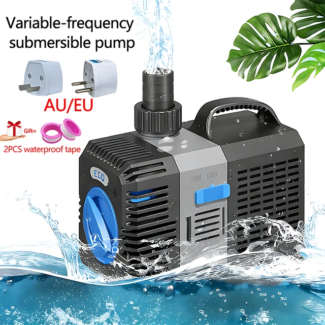 ปั๊มน้ำแปลงความถี่ AC220V/50HZ ระยะส่งสูงสุด 10 เมตร อัตราการไหลสูงสุด 20000 ลิตร/ชั่วโมง ช่องจ่ายน้ำ: 20/25/32/38/50 มม. ปั๊มจุ่มสำหรับตู้ปลา รองรับมาตรฐาน EU/AU 1