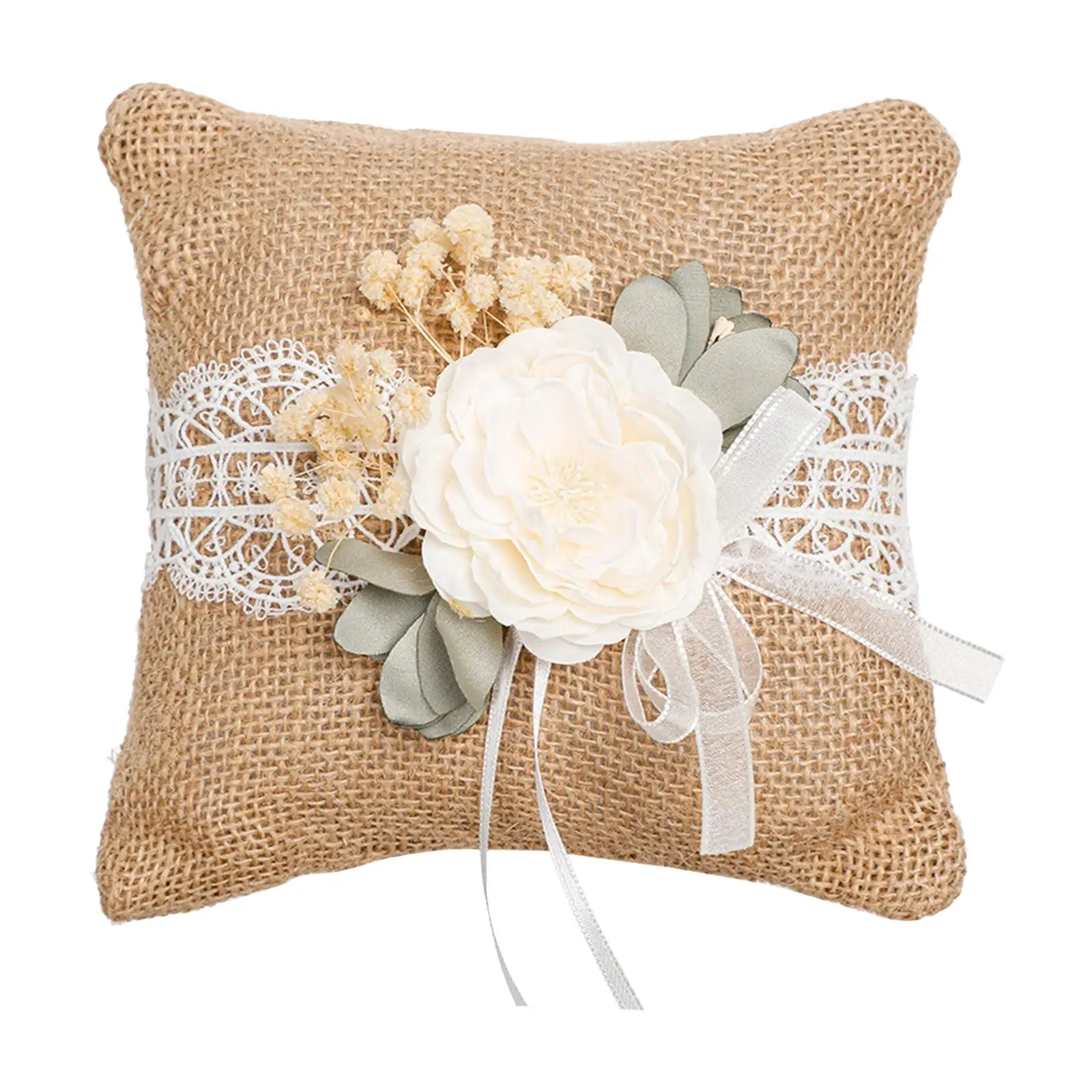 Bantal cincin pernikahan 15x15cm goni renda bunga goni bantal