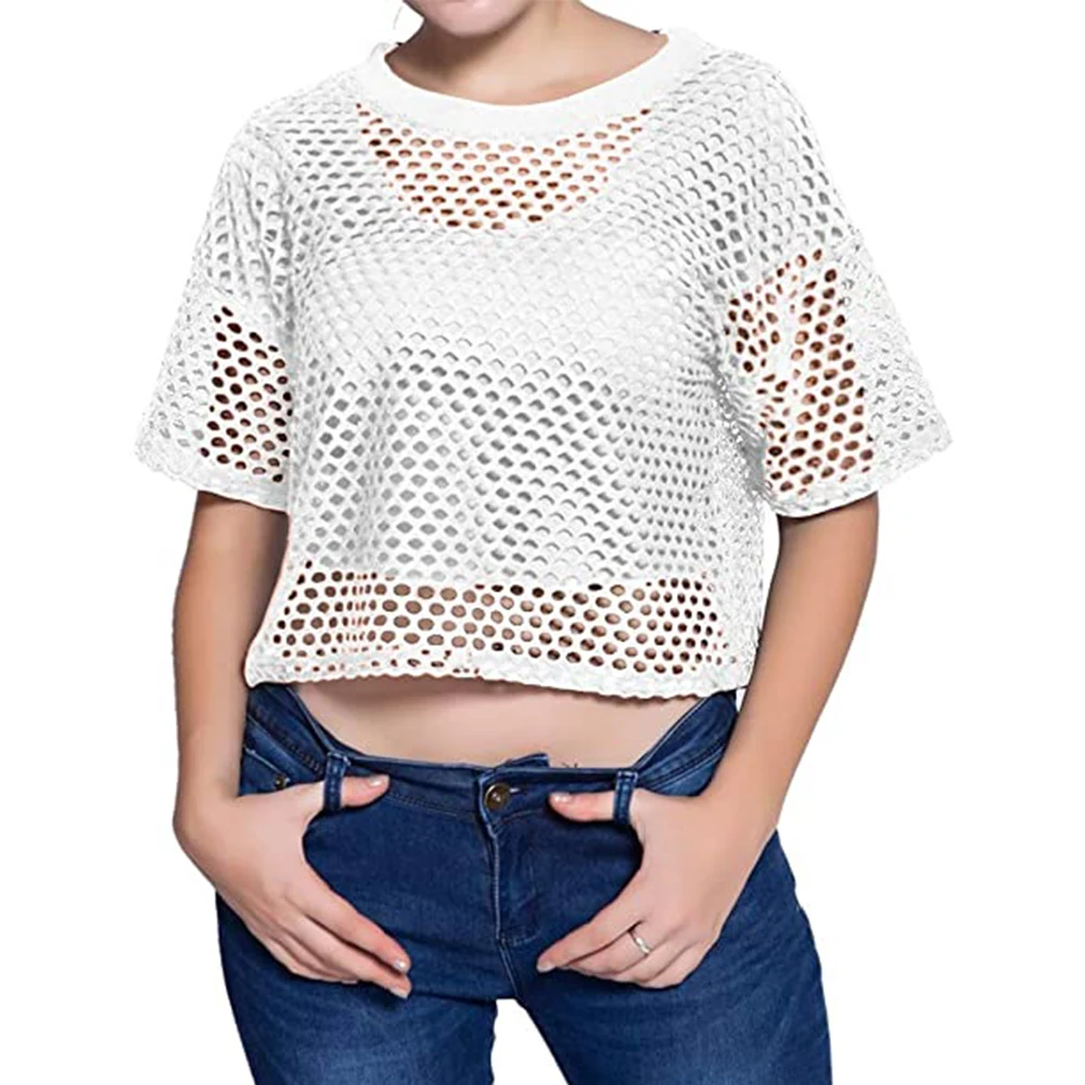 

Womens Sexy Fishnet Tank Crop Tops Casual Loose See Through T-Shirt Blouse Summer Round Neck Mesh Breathable Short Sleeve Tops