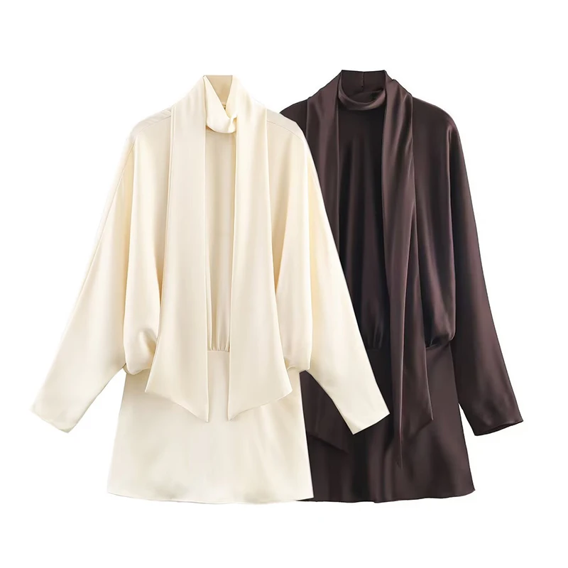 Elegant Satin Mini Dress For Women Fashion Scarf Collar Batwing Sleeve Short Dress Lady 2025 Autumn Chic Party Evening Dresses