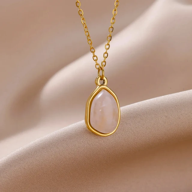 Fashion Stone Opal Oval Necklace For Women Stainless Steel Gold Color Green Stone Pendant Necklace Wedding Aesthetic Jewelry Gif 6