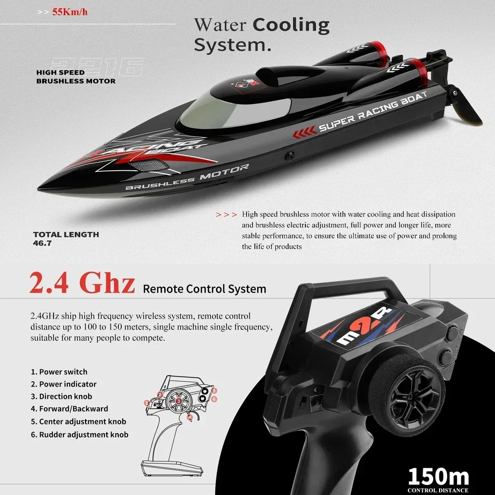 WLtoys WL916 WL912-A RC Boat 2.4Ghz 55KM/H Brushless High Speed Racing Boat 2200mAh Remote Control Speedboat Toys For Boys 5