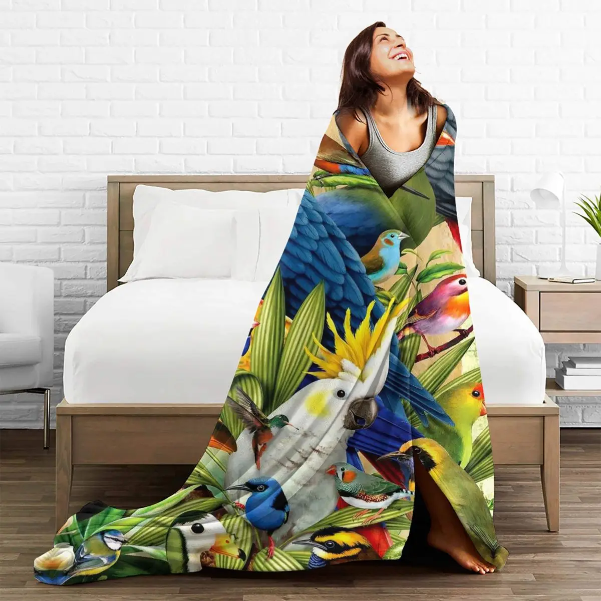 Tropical Macaw Cockatiel Flannel Throw Blanket Animal Bird Blankets for Sofa Car Warm Bedding Throws