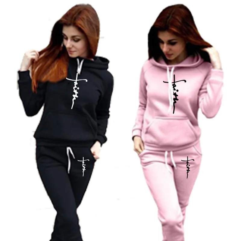 Fashion faiths prints Women Track Suits Sports Wear Jogging Suits Hooded Tracksuit Set Clothes Hoodies+Sweatpants Sweat Suits