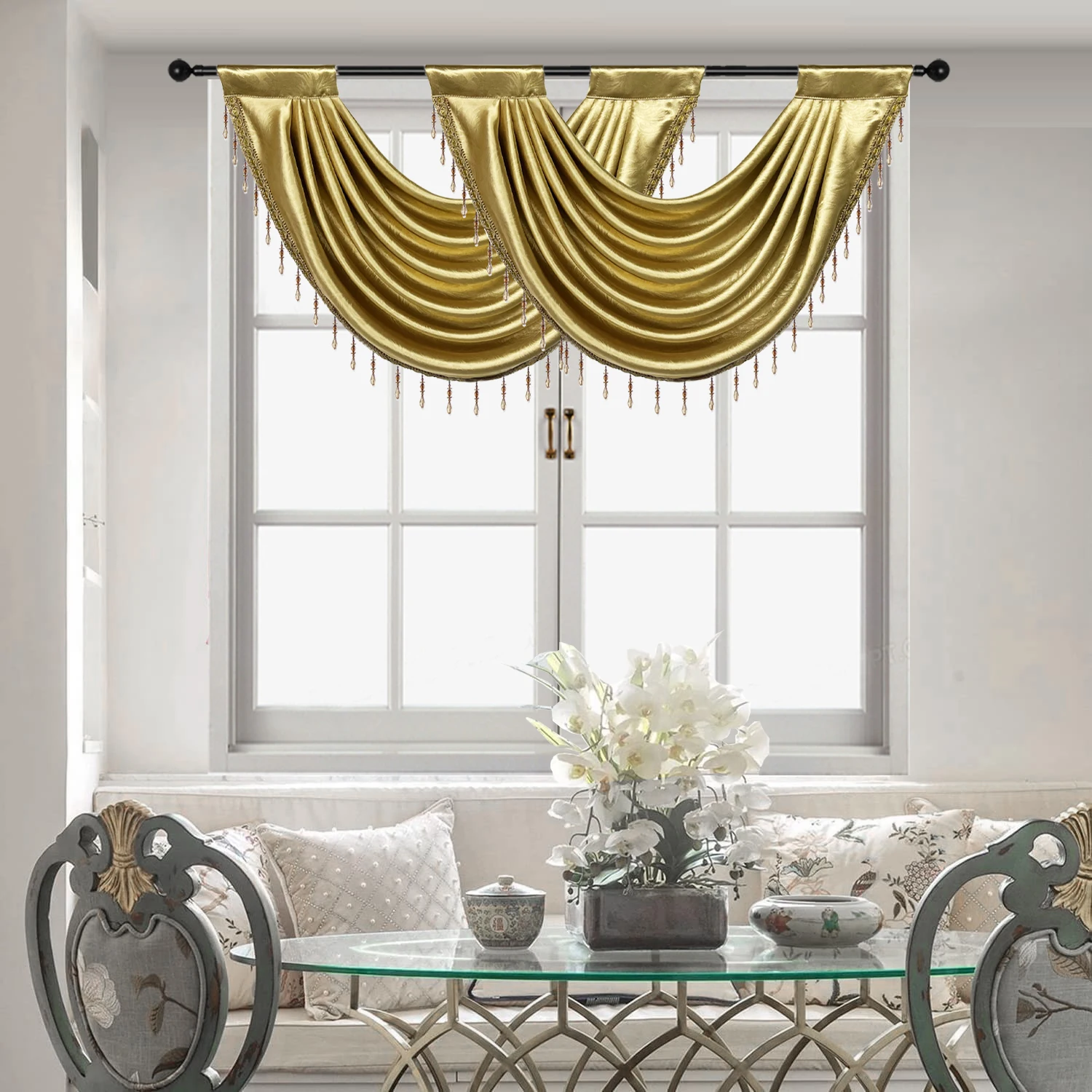 

Gold Waterfall Valance Tier Curtain for Livingroom Luxury Beaded Jacquard Rod Pocket Scallop Header for Window Panel Drapes