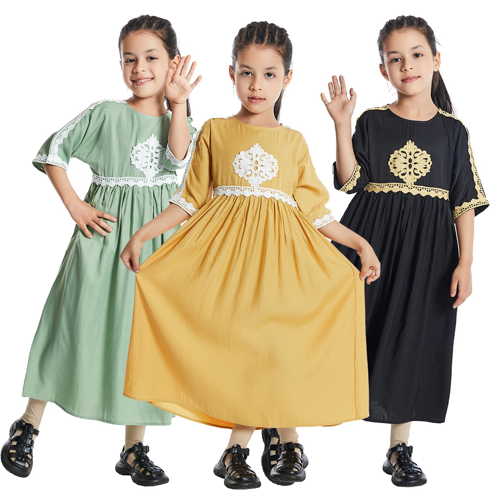 

Girls Kids Muslim Abaya Dress Islamic Clothing Casual Dubai Flower Embroidery Gown Children Eid Ramadan Robe Arab Robe Kaftan