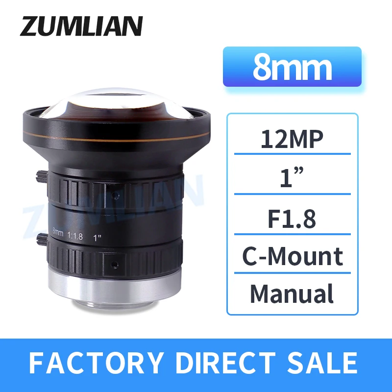 

ZUMLAIN 12.0MP 8mm Fixed Focal Length 1 Inch Big Sensor Size High Resolution Manual Iris F1.8-16 Low Distorsion FA C Mount Lens