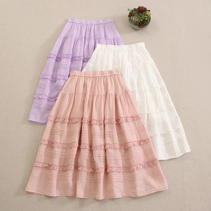Summer Sweet Mori Girl Japanese Style Solid Color Folds Cake Skirts Women Elastic Waist Casual Ramie Skirt