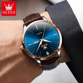 OLEVS Men's Watch Brand Business Waterproof Luminous Week Date Quartz Watch Fashion Leather Strap Classic Luxury Men's Watch 3