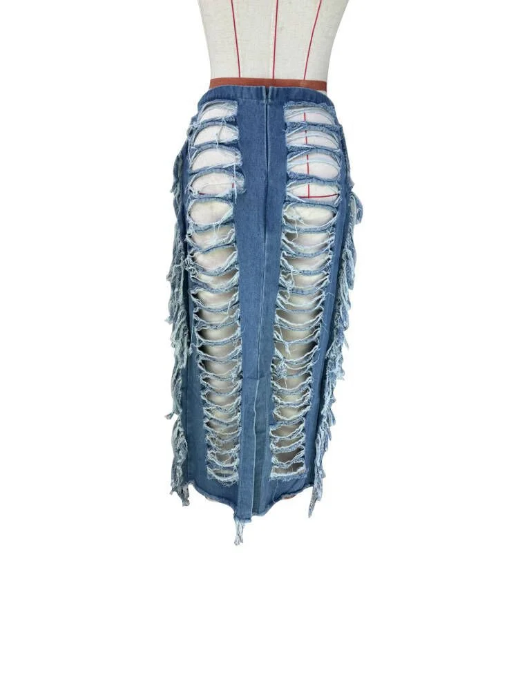Wmstar Women Skirt Summer Trendy Sexy Vintage High Waist A- line Bodycon Personalized Slimming Slit Fringe Denim Lady Dresses