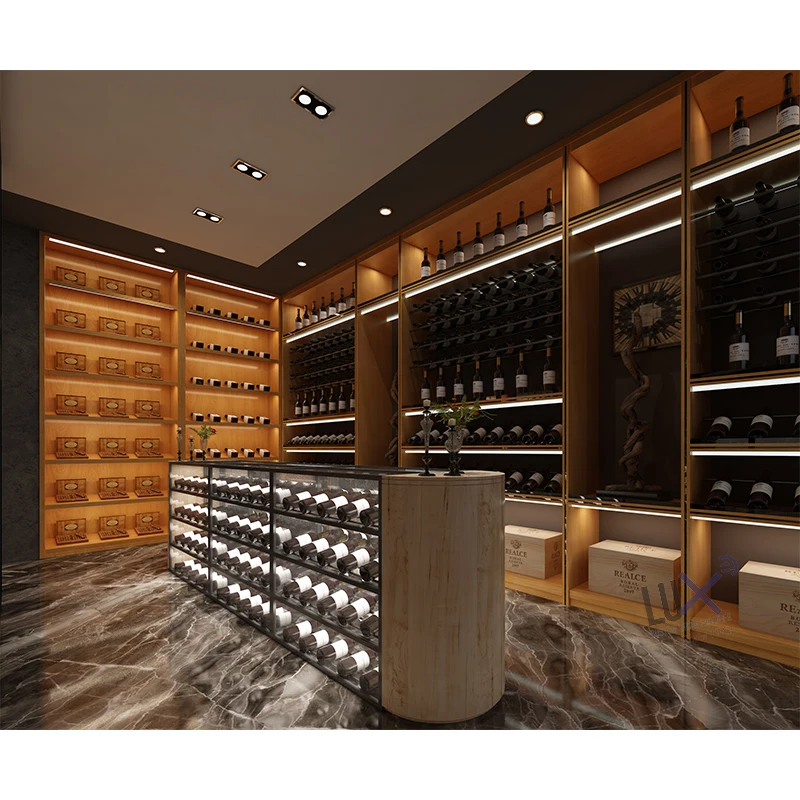 High Quality Whiskey Showcase Customization Wine Shop Design Wood Wine Furniture Bar Glass Display Cabinet