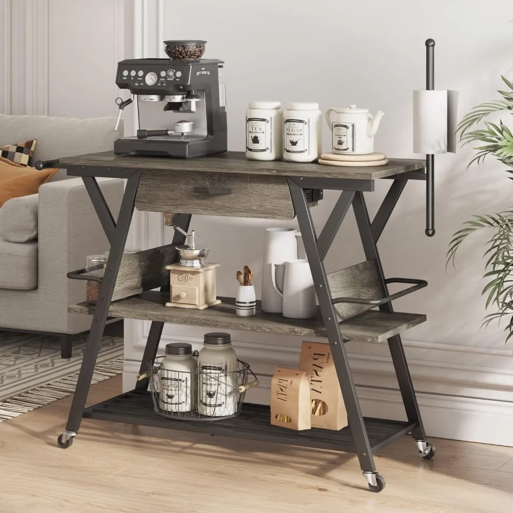 

Coffee Bar Station, Kitchen Island Cart with Storage, Coffee Cart with Drawer, Paper Towel Holder and Lockable Wheels