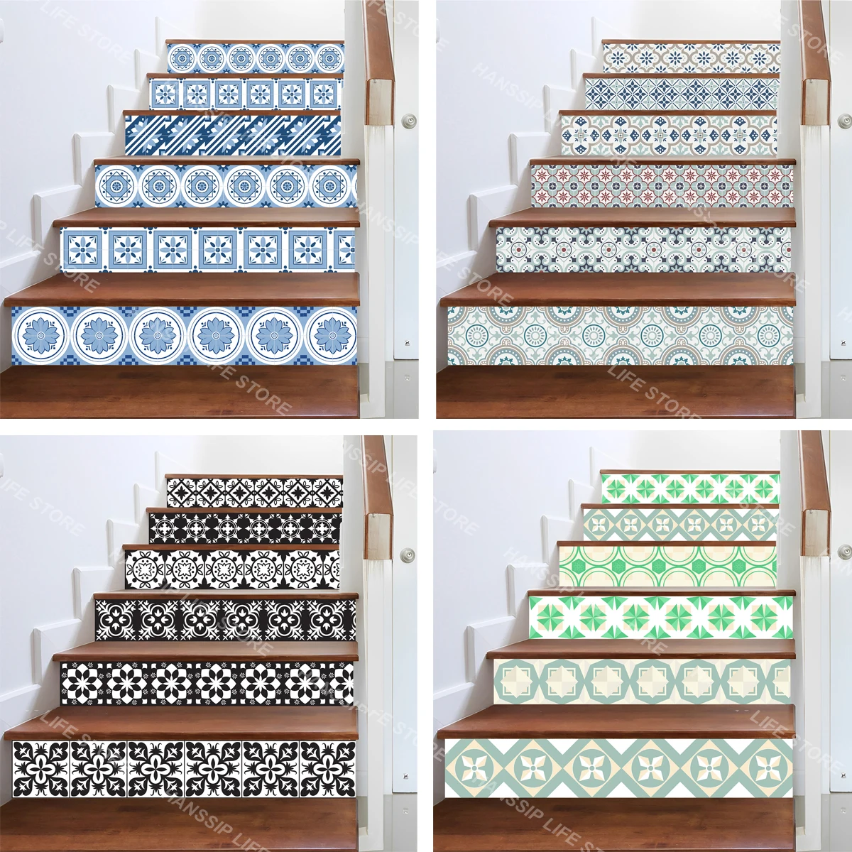 Moroccan Abstract Tile Stair Sticker Wall Art Decals Home Decoration, Waterproof Removable Geometric Staircase Trends Cover