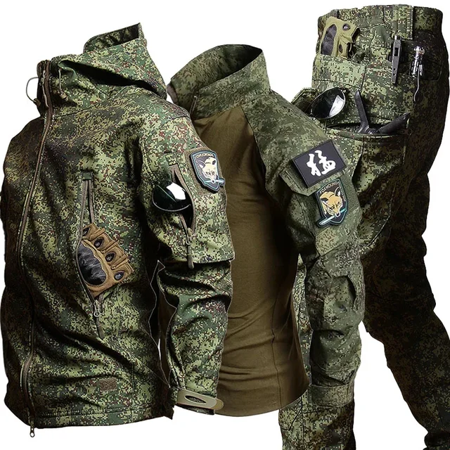 Военная форма, охотничья мужская армейская куртка с капюшоном из мягкой оболочки + дышащие футболки с длинными рукавами + брюки с несколькими карманами, костюмы-карго 1