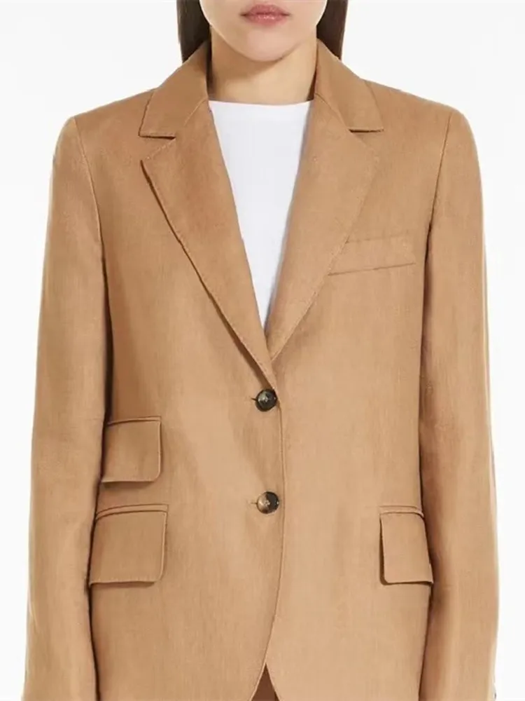 

Women Solid Color Double Buttons Fashion Coat Long Sleeve Casual V-Neck Jacket for Office Lady Autumn 2023 New