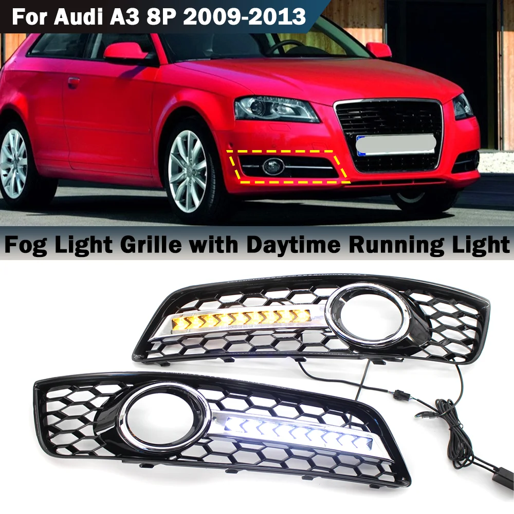 

2x Car Front Fog Light Lamp Cover LED Daytime Running Lights HONEYCOMB Front Grille For Audi A3 8P 2009-2013 Replacement