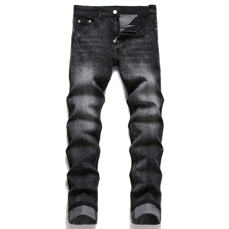 

New fashion punk style men's jeans ground white printed black small feet mid-waist men's pants high street casual jeans