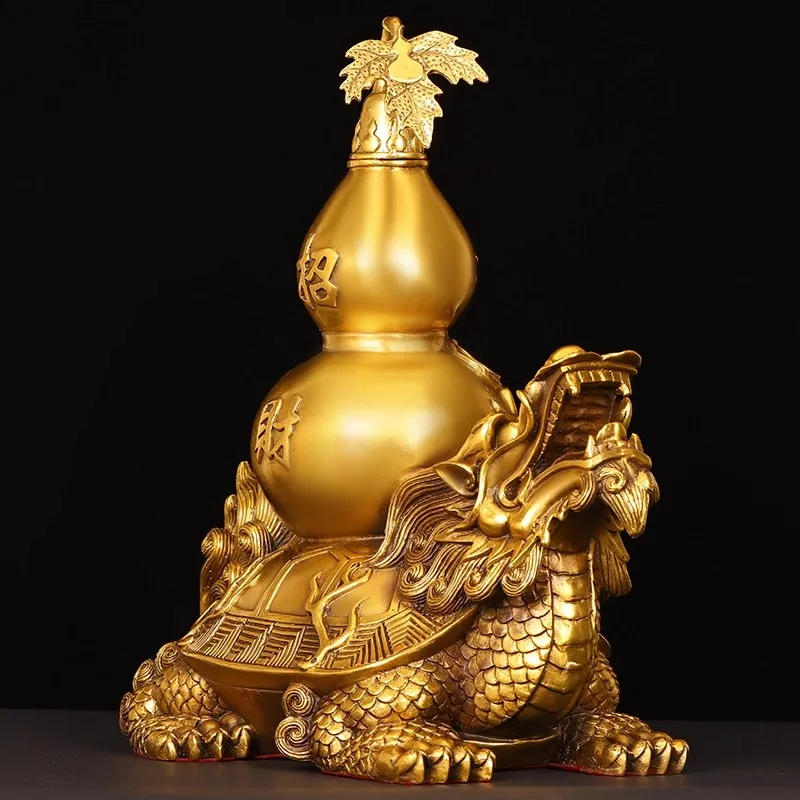 Large Brass Dragon Turtle & Gourd Statue - Lucky Feng Shui Decor for Home/Office, Open Mouth Wealth Tortoise Sculpture, Traditio