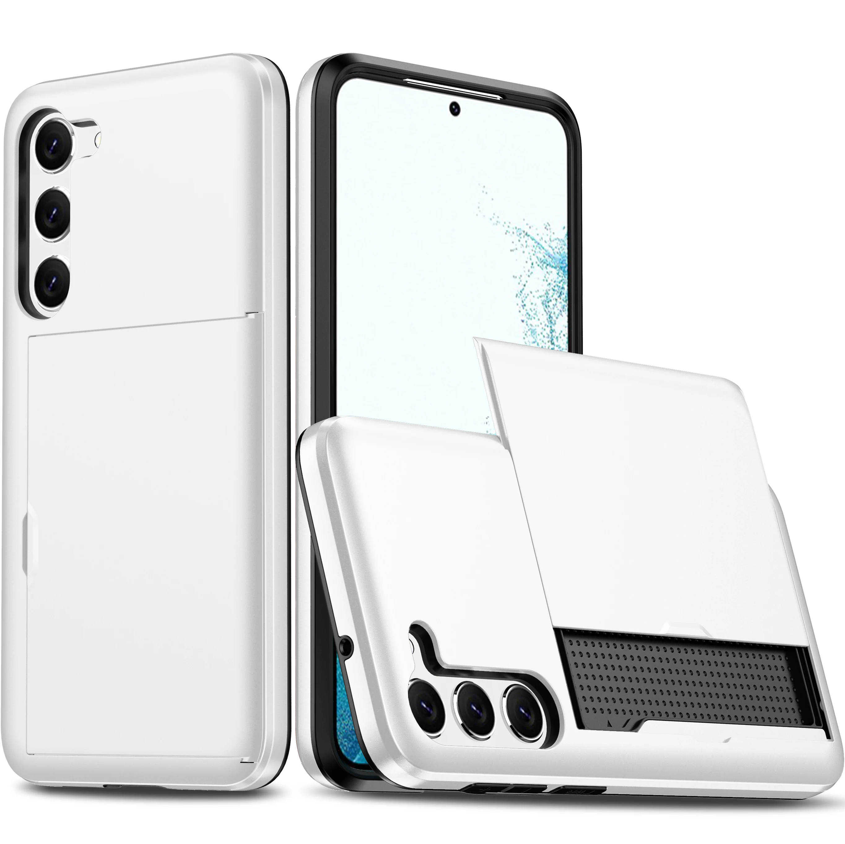Solid Color Card Holder Slide Slot Hard PC Heavy Duty Protective Phone Case