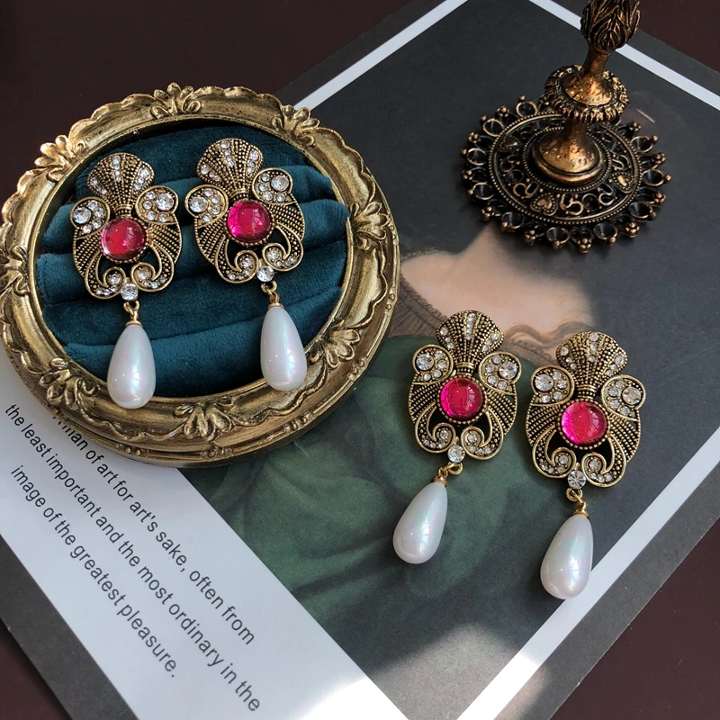 

Pink Flower Earrings Teardrop Pearls Drop Pendant Pendientes Brincos Female Accessories