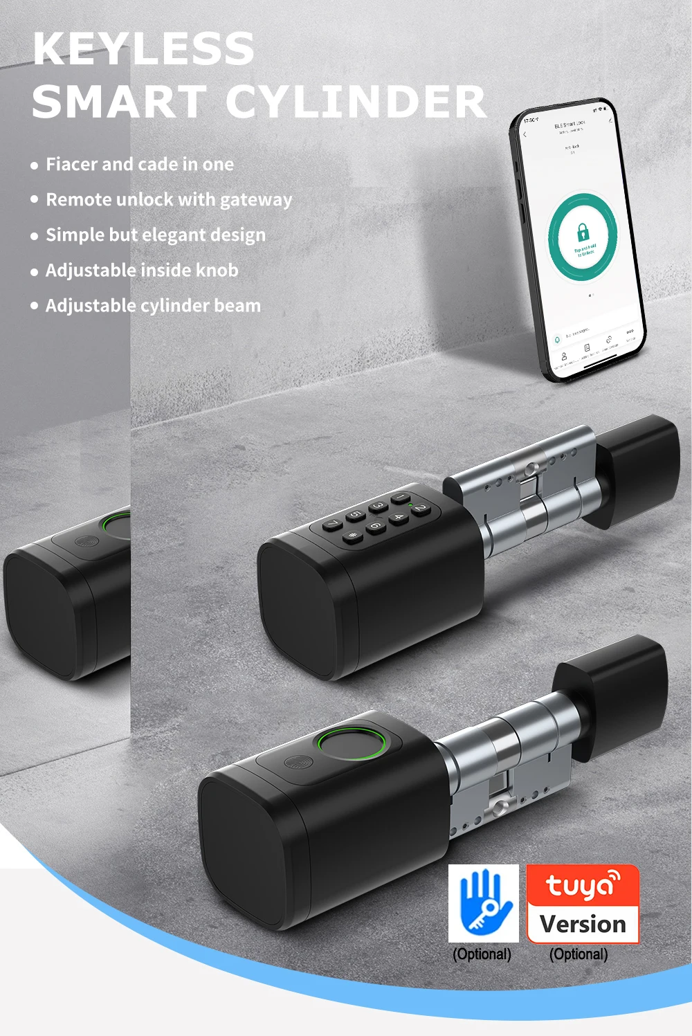 EU Cylinder Lock App Keyless Fingerprint Code IC Card Digital Keyboard Smart Doo