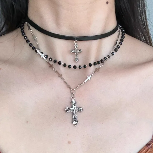 Collier Punk multicouche en croix pour fille épicée Y2K, pendentif Long en croix perlée Vintage, Hip-pop, chaîne personnalisée, Long collier 1