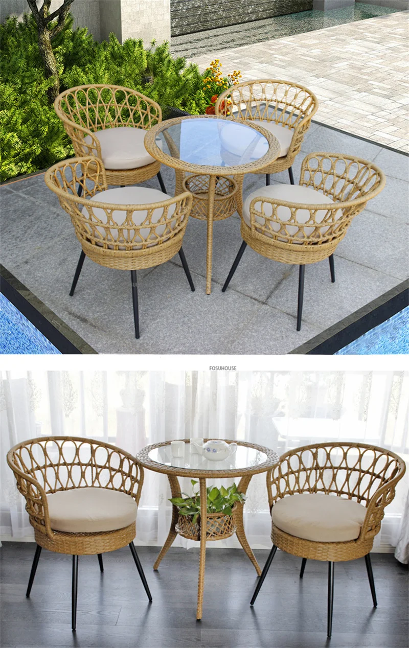 Description Picture 4 of itemNordic Rattan Chair Three Piece Set Combined Outdoor Furniture Leisure Homestay Chairs Balcony Garden Table Outdoor Furniture