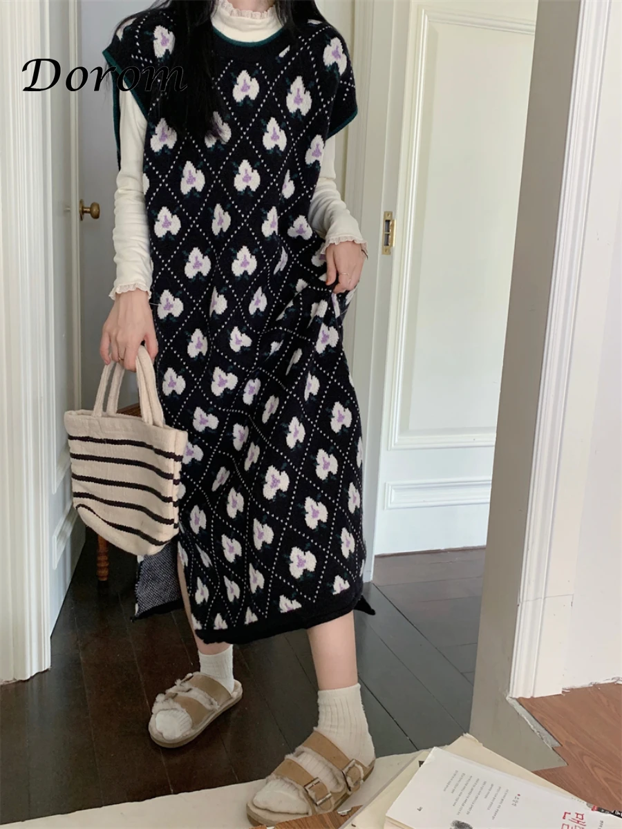 

Vintage Goth Black Floral Sweater Vest Dress Women Autumn Korean Sleeveless Loose Knitted Pullover Dresses Y2k Long Tank Tops
