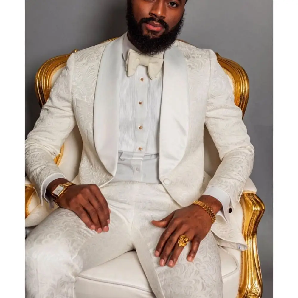 2024 Groomsmen Ivory Pattern  Tuxedos Shawl Lapel Men Suits 2 Pieces Wedding Best Man Blazer ( Jacket+Pants）