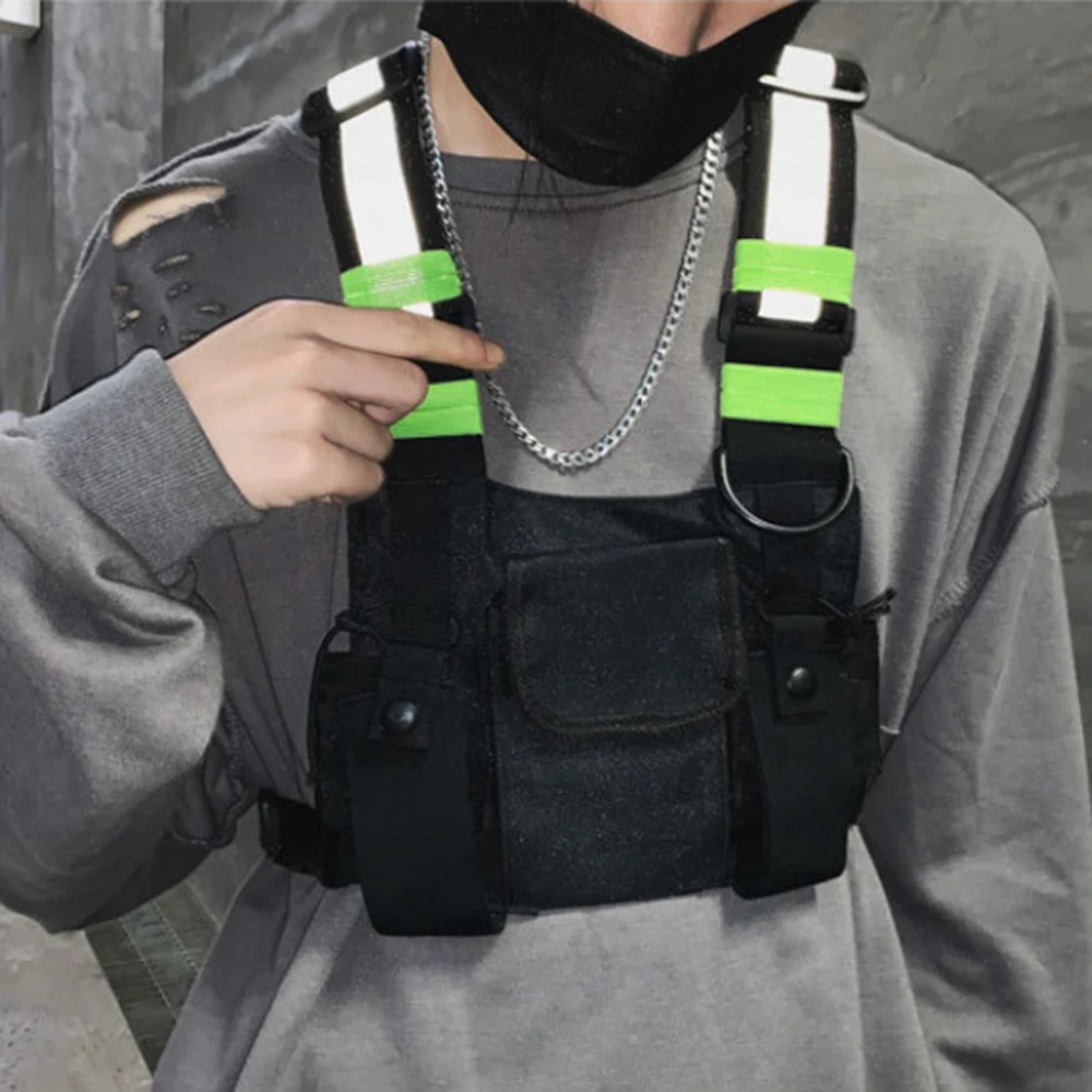 Men Tactical Shoulder Bags Reflective Vest Chest Rig Bag Hip Hop Streetwear Men Functional Waist Packs Adjustable Pockets