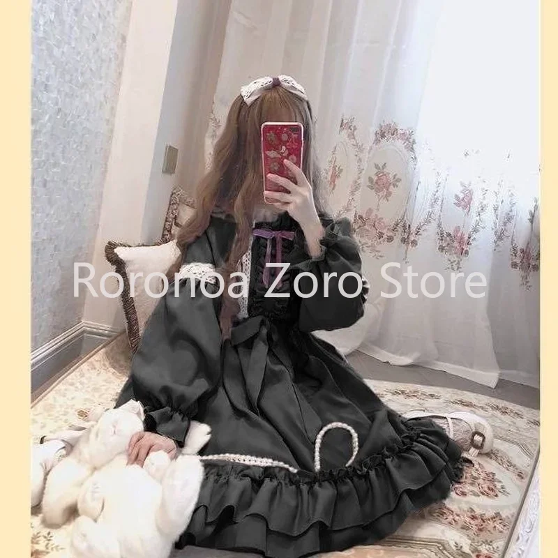 

Original Lolita Gothic Retro Skirt Sweet and Cute Kawaii Loli Dress Provence New Op Long-sleeved Dress Black Dress