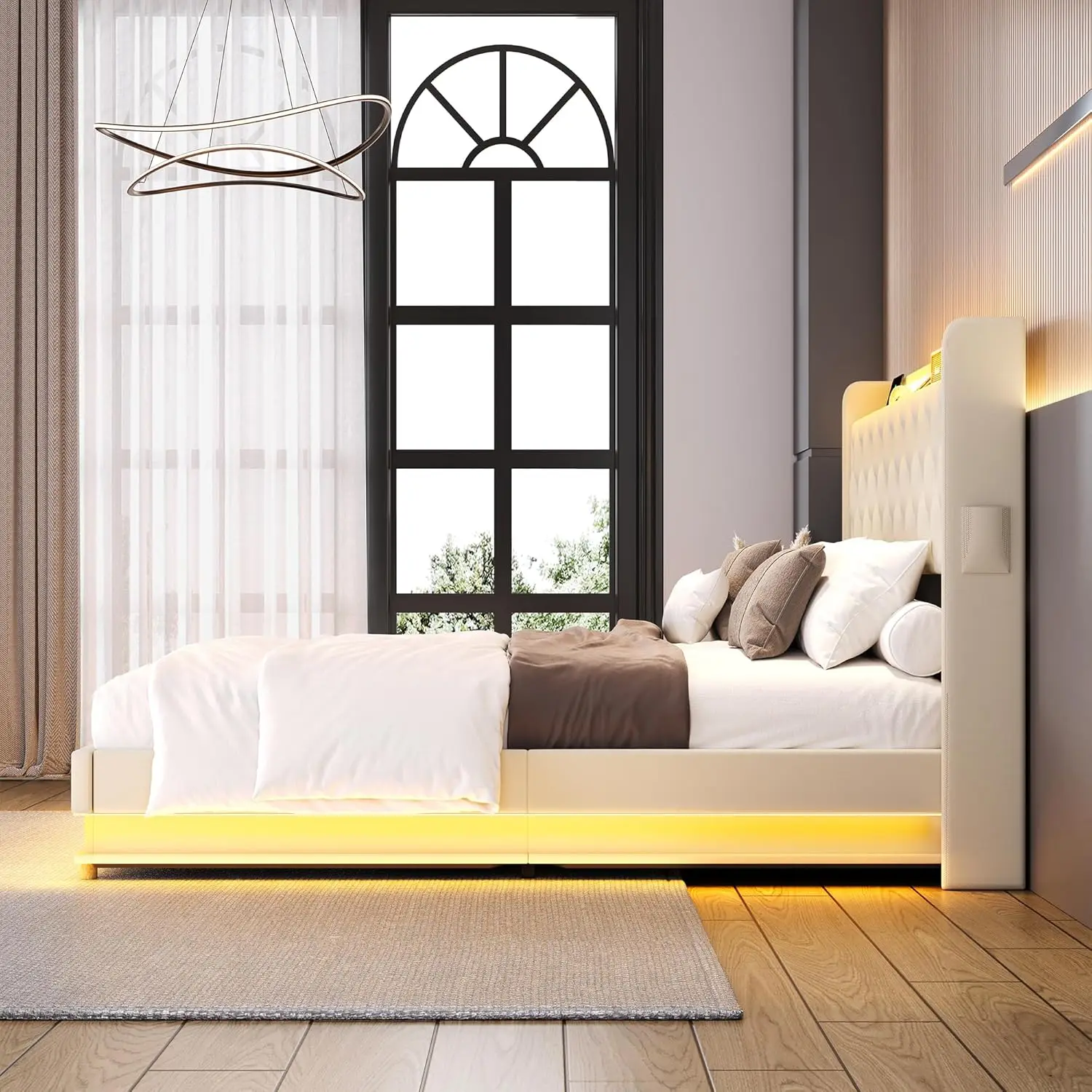 NEW Full Size Lift Up Storage Bed Frame with Charging Station & Led Lights, Upholstered Platform Bed with Button Tufted Wingback 6