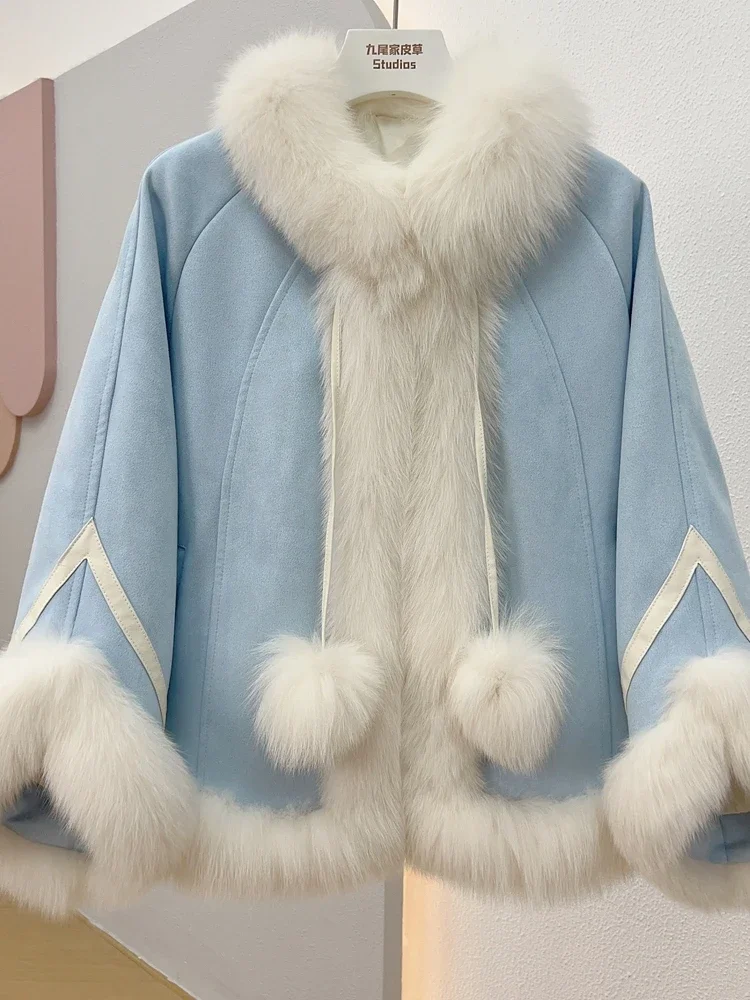 Fuzz Cape Coat Winter Down Inner Fox Fur Fluffy Jacket Knitted Thick Warm Loose Long Sleeve Retro Color Contrast Women's Clothes