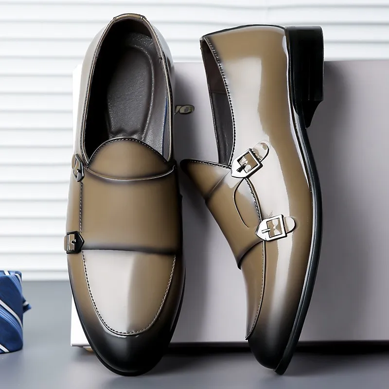 Men's business casual leather shoes double Belt buckle pointed formal bright face leather shoes British style dress D541